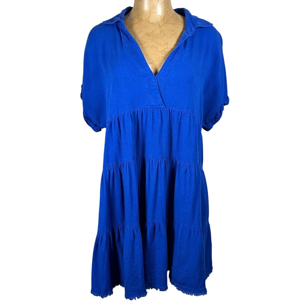 Royal Blue Linen Cotton Tiered Babydoll Dress Small Raw Hem Boho‎ Natural Fiber